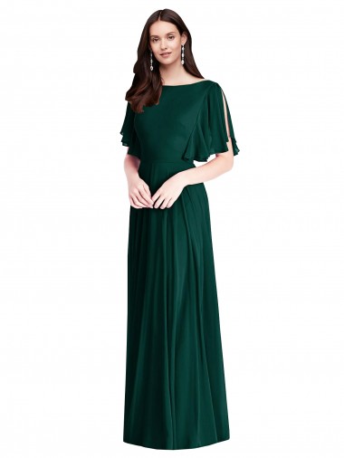 Long Bell Sleeves Soft Chiffon Ever Green A-Line Semi Formal Evening Dress for Sale