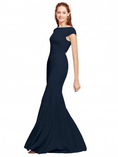 Long Sleeveless Stretch Crepe Dark Navy Boat Neck A-Line Formal Evening Dress for Sale