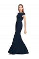 Long Sleeveless Stretch Crepe Dark Navy Boat Neck A-Line Formal Evening Dress