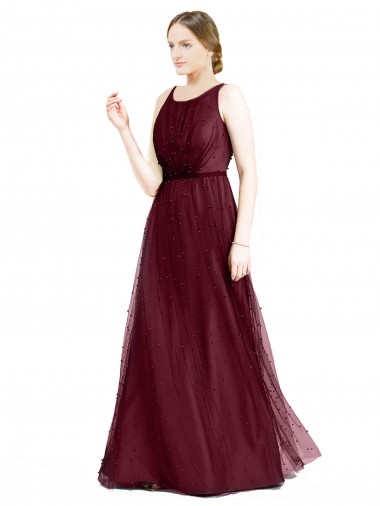 Long Sleeveless Tulle Burgundy Boat Neck A-Line Semi Formal Evening Dress for Sale