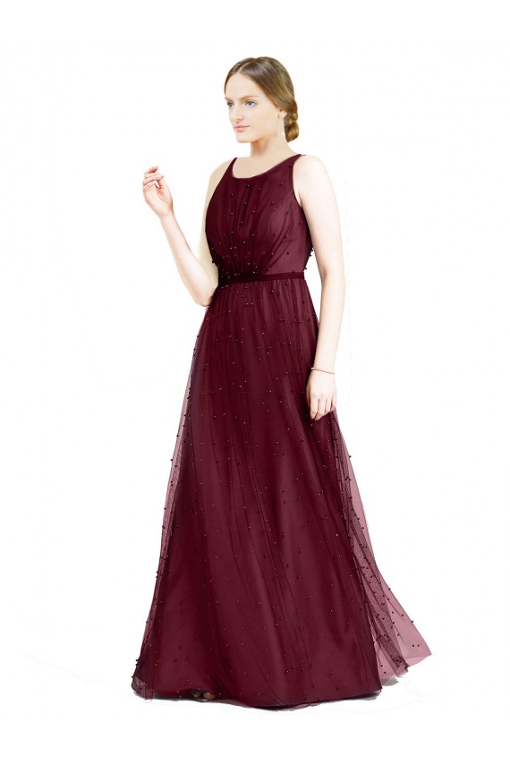 Long Sleeveless Tulle Burgundy Boat Neck A-Line Semi Formal Evening Dress