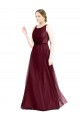 Long Sleeveless Tulle Burgundy Boat Neck A-Line Semi Formal Evening Dress