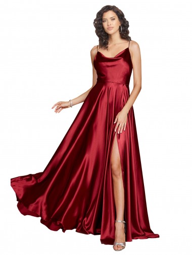 Long Sleeveless Silky Satin Burgundy A-Line Black Tie Evening Dress for Sale