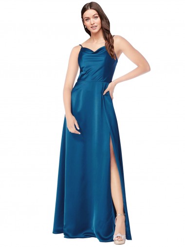 Long Sleeveless Silky Satin Peacock Blue Spaghetti Straps A-Line Formal Evening Dress for Sale