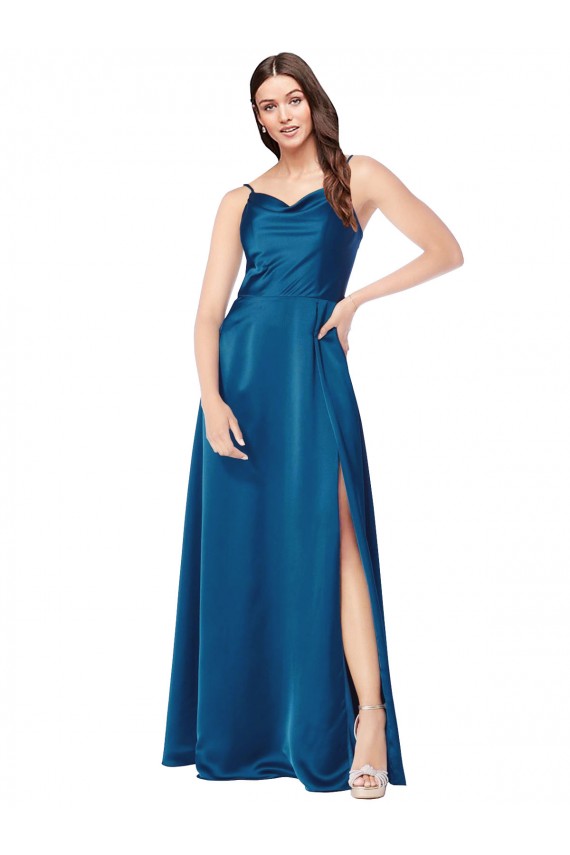 Long Sleeveless Silky Satin Peacock Blue Spaghetti Straps A-Line Formal Evening Dress