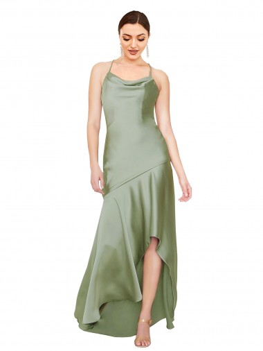 Long Sleeveless Silky Satin Smoke Green A-Line High Low Evening Dress for Sale
