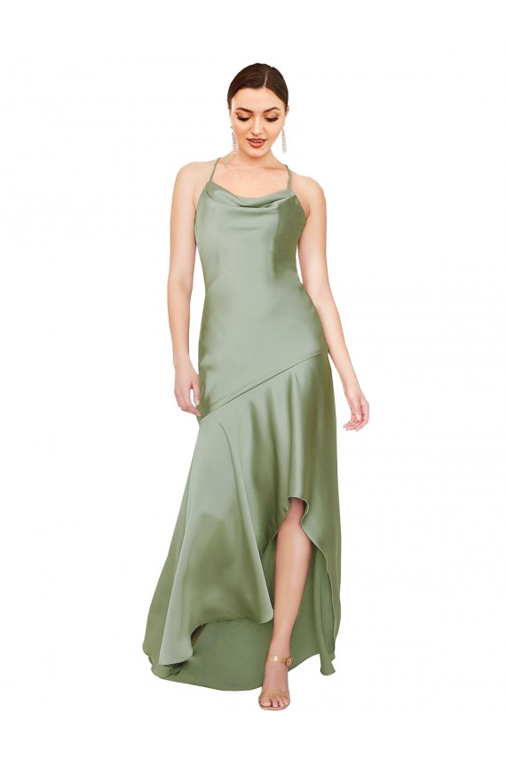 Long Sleeveless Silky Satin Smoke Green A-Line High Low Evening Dress
