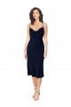 Midi Length Sleeveless Silky Satin Dark Navy Spaghetti Straps A-Line Formal Evening Dress