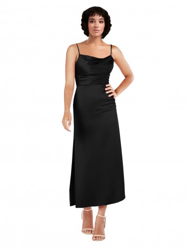 Tea Length Sleeveless Silky Satin Black A-Line Formal Evening Dress for Sale