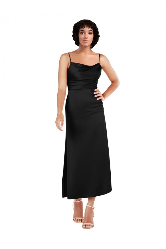 Tea Length Sleeveless Silky Satin Black A-Line Formal Evening Dress