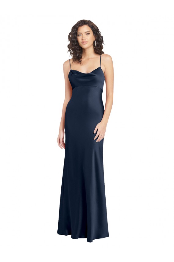 Long Sleeveless Stretch Satin Dark Navy A-Line Black Tie Evening Gown