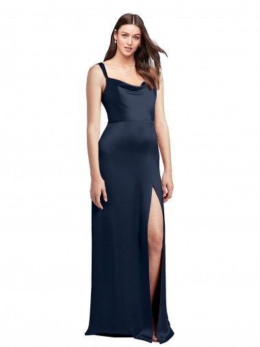 Long Sleeveless Stretch Satin Dark Navy A-Line Formal Evening Dress for Sale