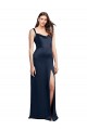 Long Sleeveless Stretch Satin Dark Navy A-Line Formal Evening Dress