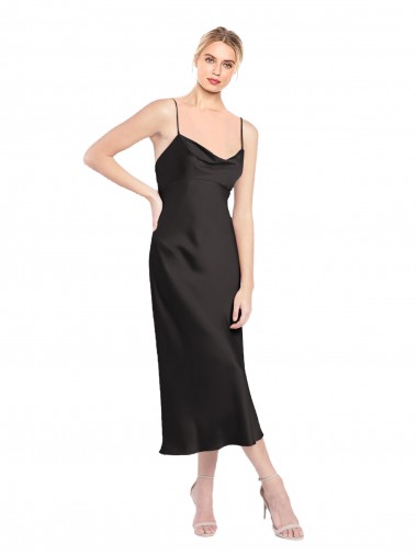 Midi Length Sleeveless Stretch Satin Black A-Line Formal Evening Dress for Sale