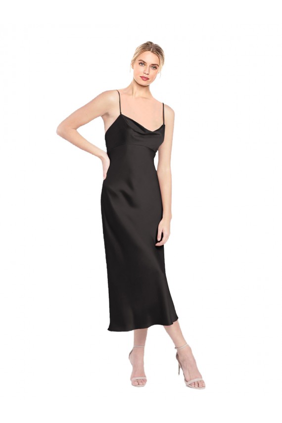 Midi Length Sleeveless Stretch Satin Black A-Line Formal Evening Dress