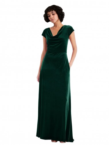 Long Cap Sleeves Stretch Velvet Dark Green A-Line Black Tie Evening Dress for Sale