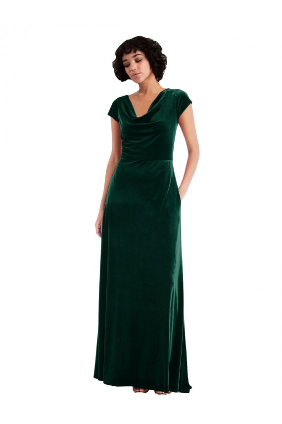 Long Cap Sleeves Stretch Velvet Dark Green A-Line Black Tie Evening Dress