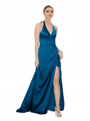 Long Sleeveless Silky Satin Peacock Blue A-Line Formal Evening Dress for Sale