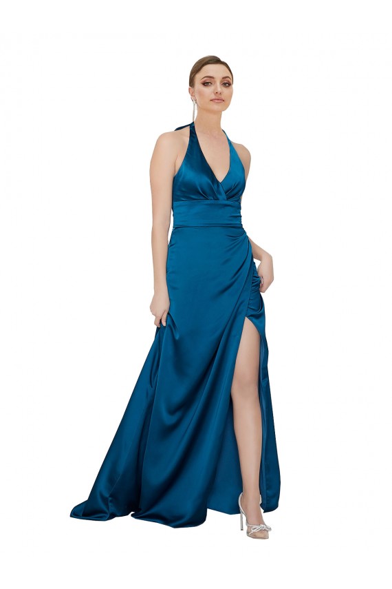 Long Sleeveless Silky Satin Peacock Blue A-Line Formal Evening Dress