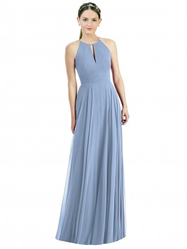 Long Sleeveless Soft Chiffon Dusty Blue Halter Neck A-Line Semi Formal Evening Dress for Sale