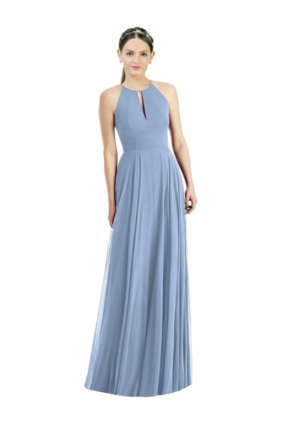 Long Sleeveless Soft Chiffon Dusty Blue Halter Neck A-Line Semi Formal Evening Dress