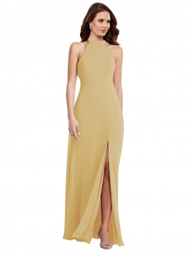 Long Sleeveless Soft Chiffon Gold A-Line Semi Formal Evening Dress for Sale