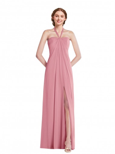 Long Sleeveless Soft Chiffon Skin Pink Halter Neck A-Line Semi Formal Evening Dress for Sale