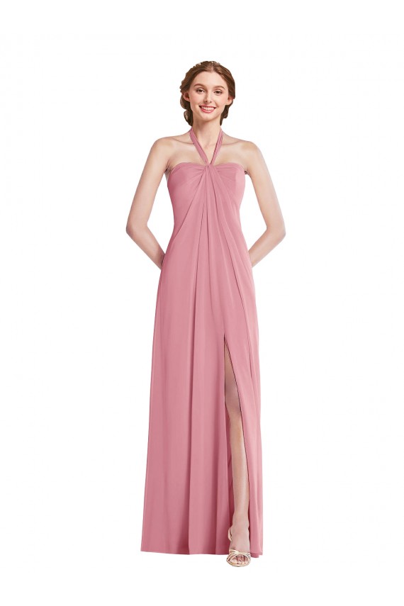 Long Sleeveless Soft Chiffon Skin Pink Halter Neck A-Line Semi Formal Evening Dress