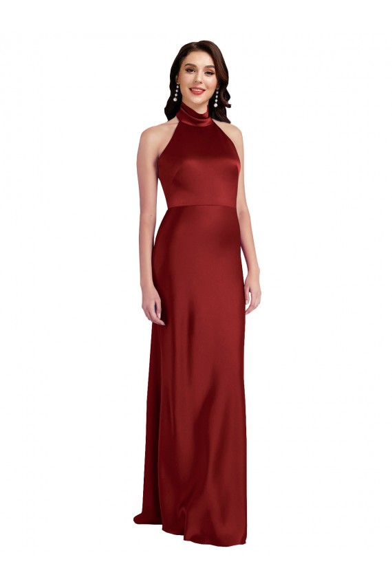 Long Sleeveless Stretch Satin Burgundy A-Line Black Tie Evening Dress