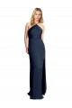 Long Sleeveless Stretch Satin Dark Navy Halter Neck A-Line Formal Evening Dress