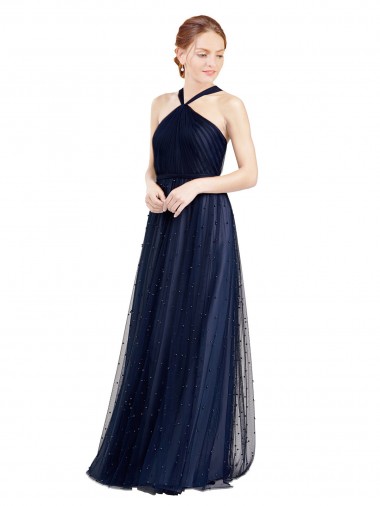 Long Sleeveless Tulle Navy Blue A-Line Evening Dress for Sale