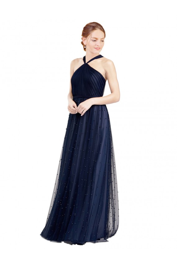 Long Sleeveless Tulle Navy Blue A-Line Evening Dress