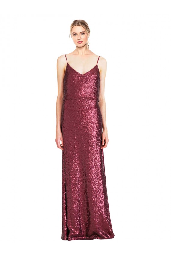 Long Sleeveless Sequin Burgundy A-Line Formal Evening Dress