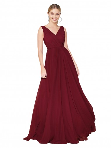 Long Sleeveless Soft Chiffon Burgundy V-Neck A-Line Evening Dresses for Sale