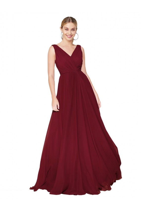 Long Sleeveless Soft Chiffon Burgundy V-Neck A-Line Evening Dresses