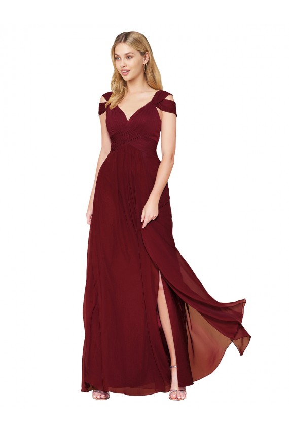 Long Sleeveless Soft Chiffon Burgundy A-Line Formal Evening Dress