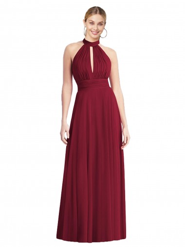 Long Sleeveless Soft Chiffon Burgundy Halter Neck A-Line Semi Formal Evening Dress for Sale