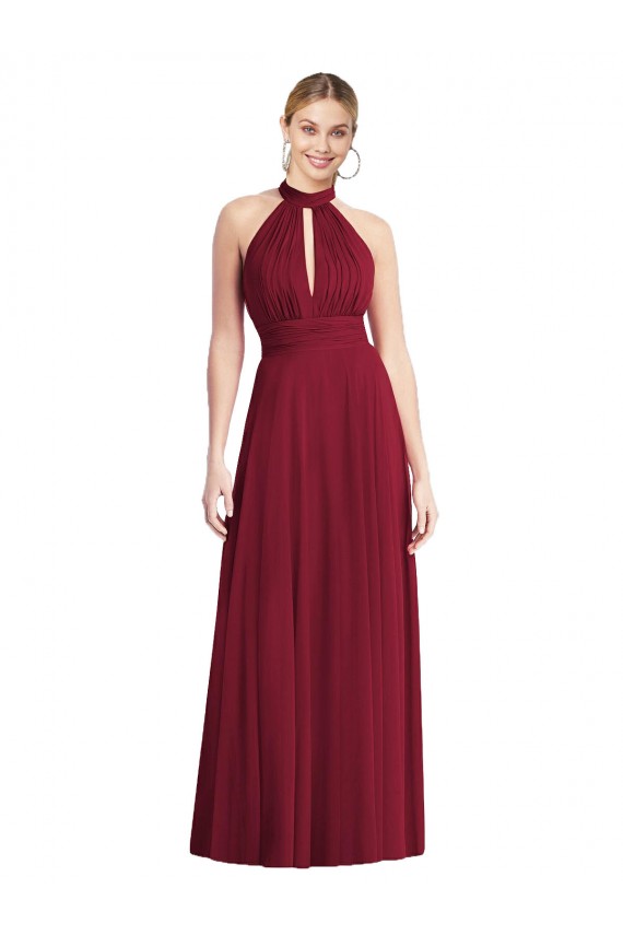 Long Sleeveless Soft Chiffon Burgundy Halter Neck A-Line Semi Formal Evening Dress