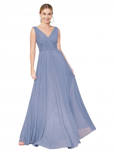 Long Sleeveless Soft Chiffon Dusty Blue A-Line Formal Evening Dress for Sale