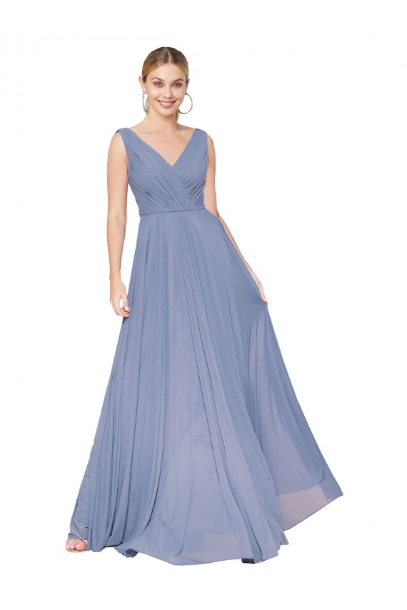 Long Sleeveless Soft Chiffon Dusty Blue A-Line Formal Evening Dress