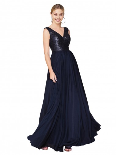 Long Sleeveless Soft Chiffon & Sequin Dark Navy A-Line Semi Formal Evening Dress for Sale