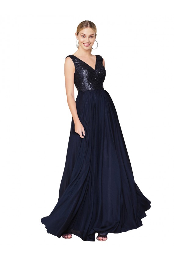 Long Sleeveless Soft Chiffon & Sequin Dark Navy A-Line Semi Formal Evening Dress