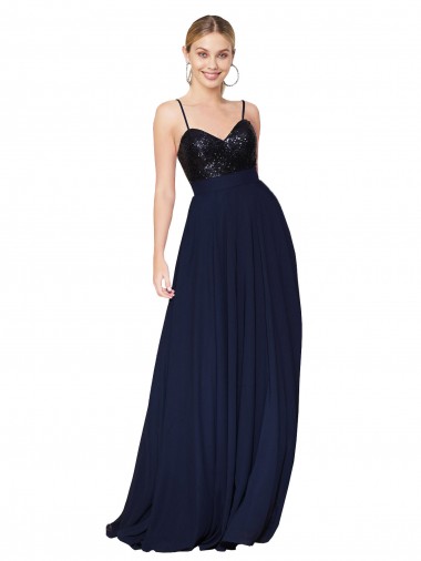 Long Sleeveless Soft Chiffon & Sequin Dark Navy A-Line Semi Formal Evening Gown for Sale