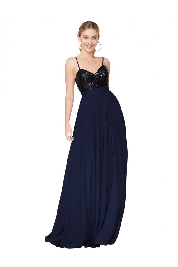 Long Sleeveless Soft Chiffon & Sequin Dark Navy A-Line Semi Formal Evening Gown