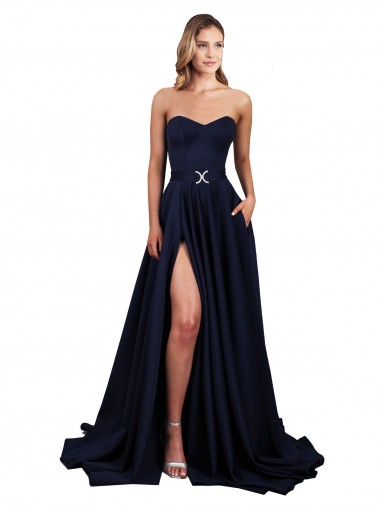 Long Sleeveless Stretch Crepe Dark Navy A-Line Formal Dress for Sale