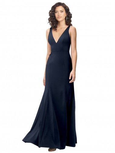Long Sleeveless Stretch Crepe Dark Navy V-Neck A-Line Formal Dress for Sale