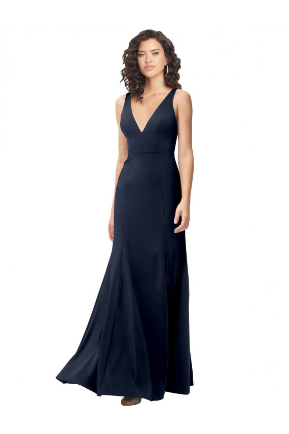 Long Sleeveless Stretch Crepe Dark Navy V-Neck A-Line Formal Dress
