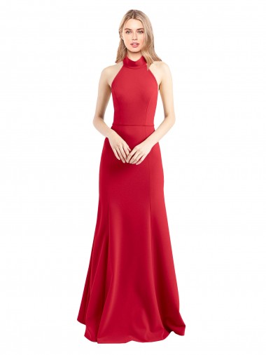 Long Sleeveless Stretch Crepe Red Halter Neck A-Line Formal Evening Dress for Sale