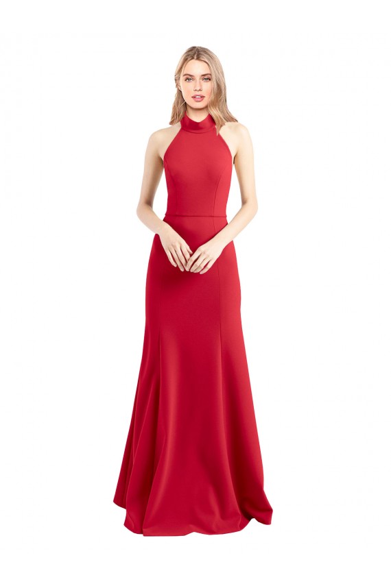 Long Sleeveless Stretch Crepe Red Halter Neck A-Line Formal Evening Dress