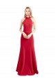 Long Sleeveless Stretch Crepe Red Halter Neck A-Line Formal Evening Dress
